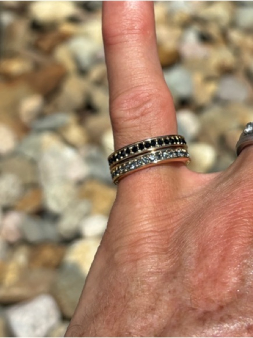 Park Lane Gold Stacked Eternity Bands With Black and Gray Stones